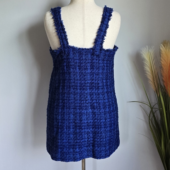 ZARA, New Blue Tweed Pinafore Preppy Jeweled Pocket Mini Dress Womens Size XL - Picture 8 of 13